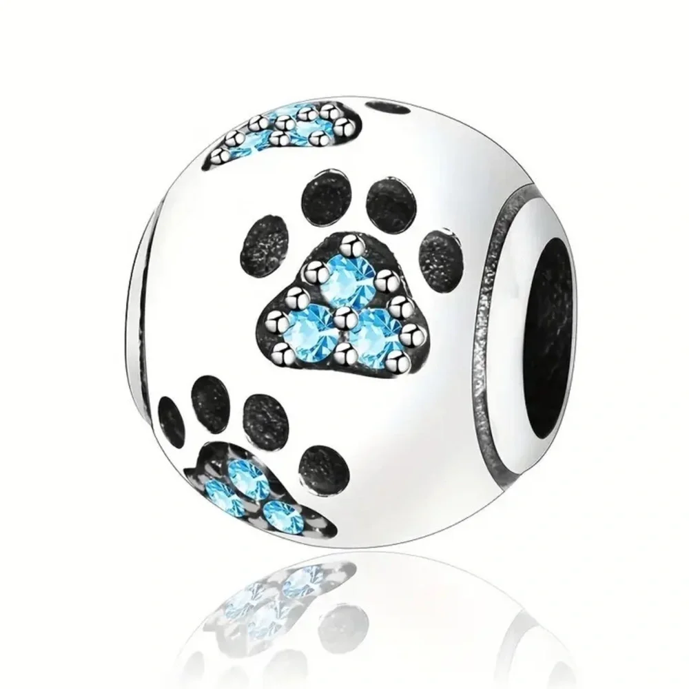 S925 Sterling Silver PAW PRINT Charm/Pendant with Blue Zirconia Accents - NWT